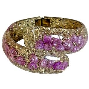 Vintage Lucite Confetti Cuff Bracelet Gold Glitter and Purple Swirl Cabochons